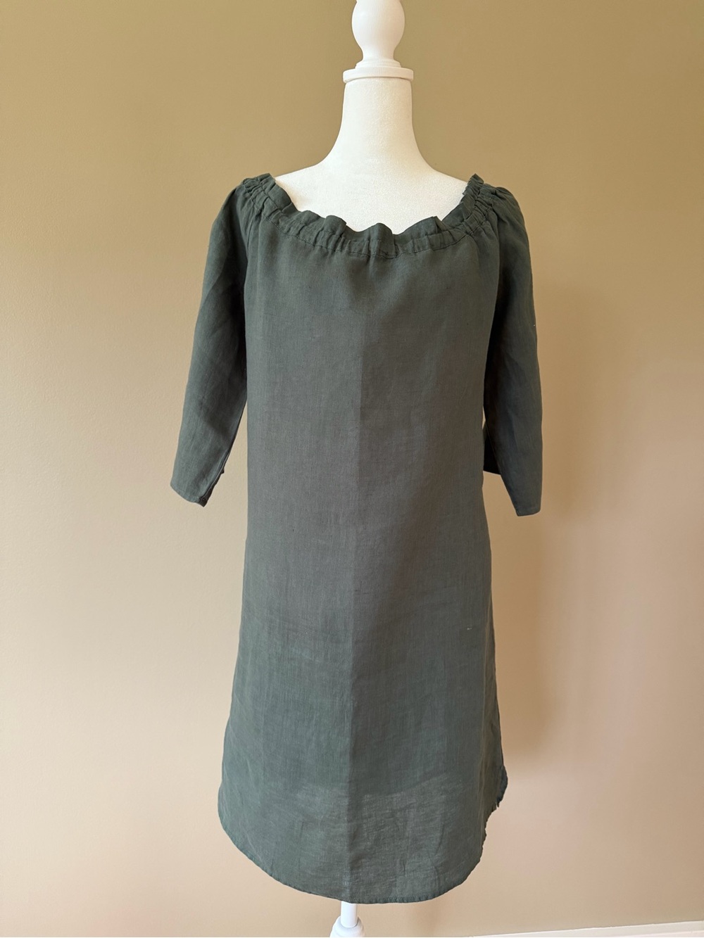 Allen Allen Olive Linen Off Shoulder Shift Dress Size M